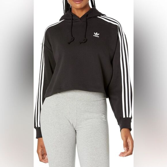 NWT Adidas Short Cropped Hoodie Black White Stripes Small - Picture 1 of 9